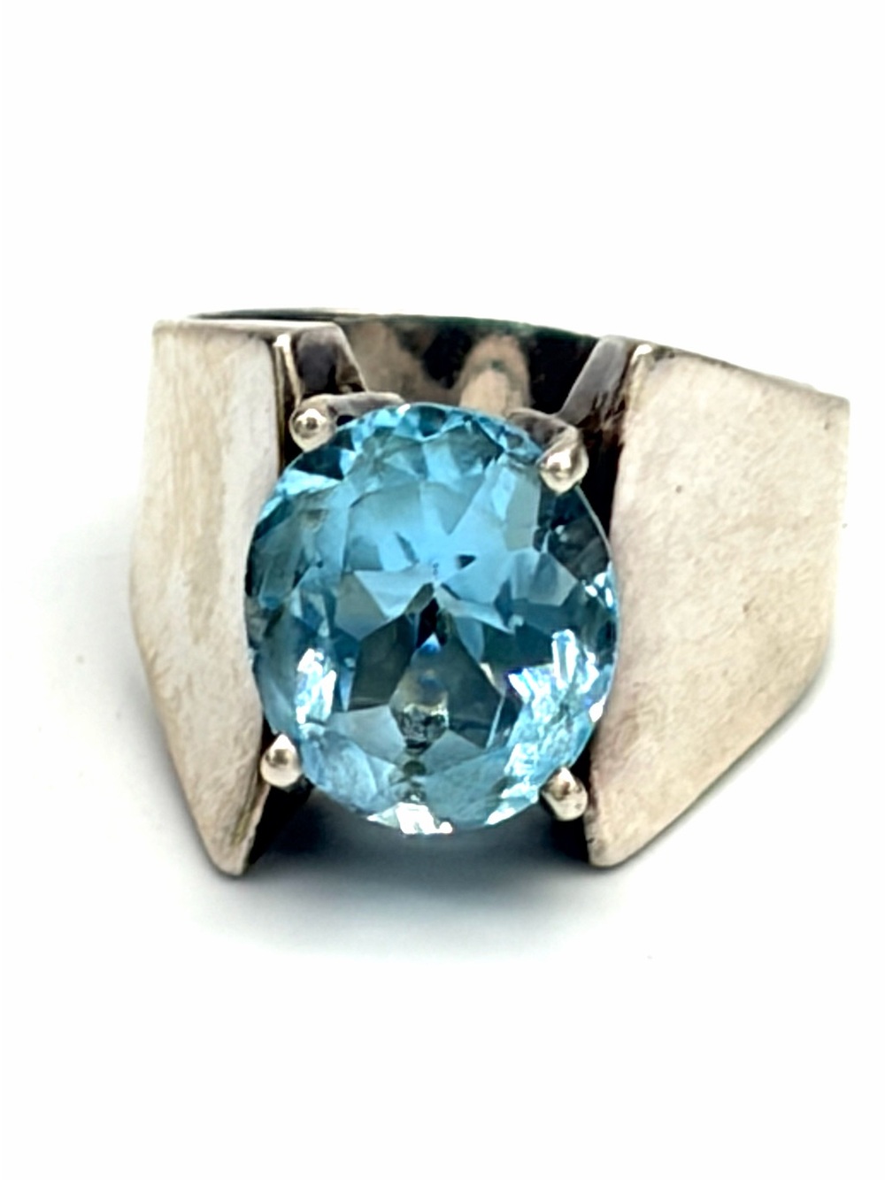 Bold Modernist Vintage French C*I Double’ Blue Topaz Statement Ring - Size 7
